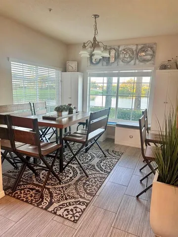 a view of a dining room with furniture window and outside view