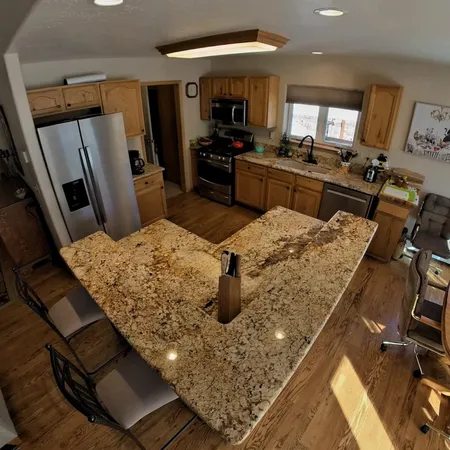 a kitchen with lots of counter top space