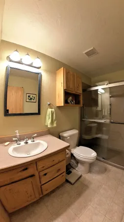 a bathroom with a sink a toilet and mirror