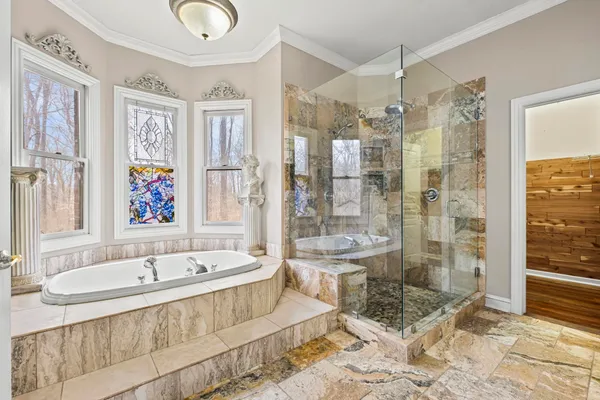 a bath room with a bath tub and shower