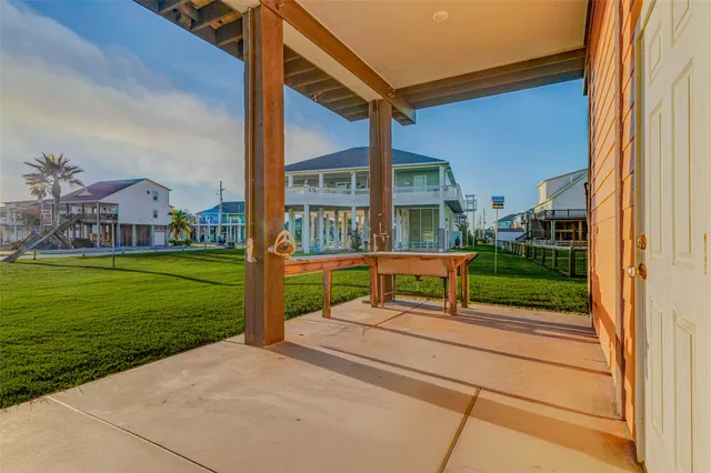 a porch with seating space