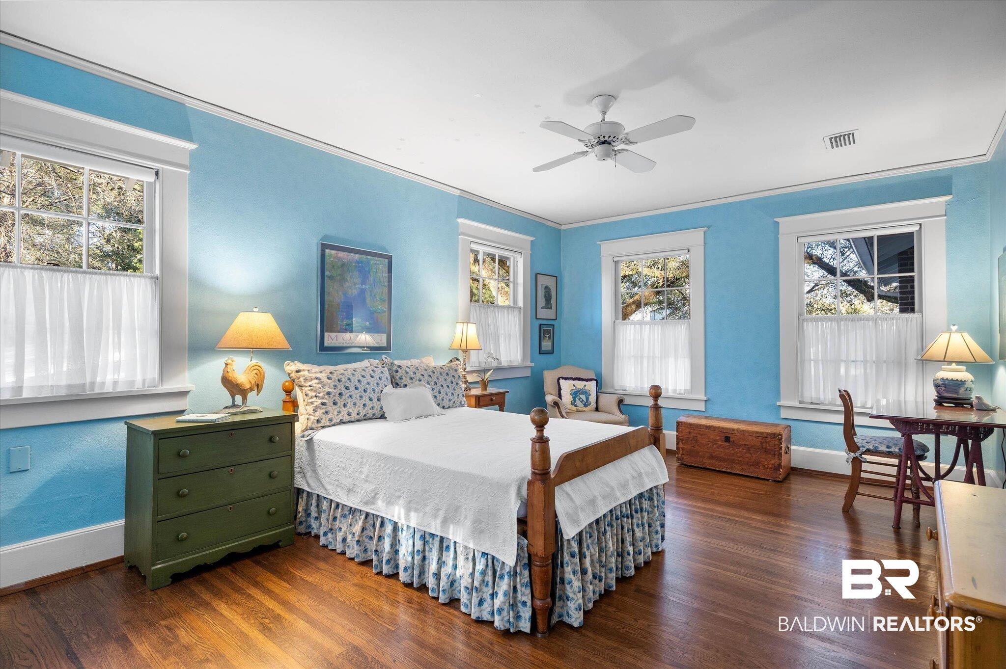 2 Westgate Road Mobile, AL 36608 - Photo 30 of 63 Bedroom with dark wood-style floors, ceiling fan, and ornamental molding