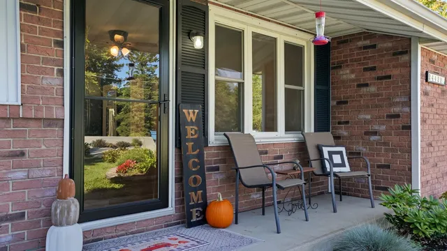 a view of sitting area in front of building