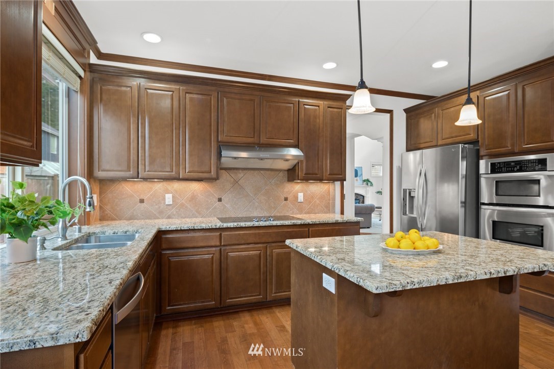 4421 220th Street Southeast Bothell, WA 98021 - Photo 16 of 39 a kitchen with stainless steel appliances granite countertop a sink refrigerator and cabinets
