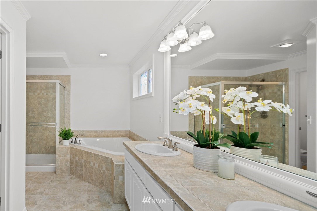 4421 220th Street Southeast Bothell, WA 98021 - Photo 25 of 39 a bathroom with a granite countertop sink a large mirror and a potted plant