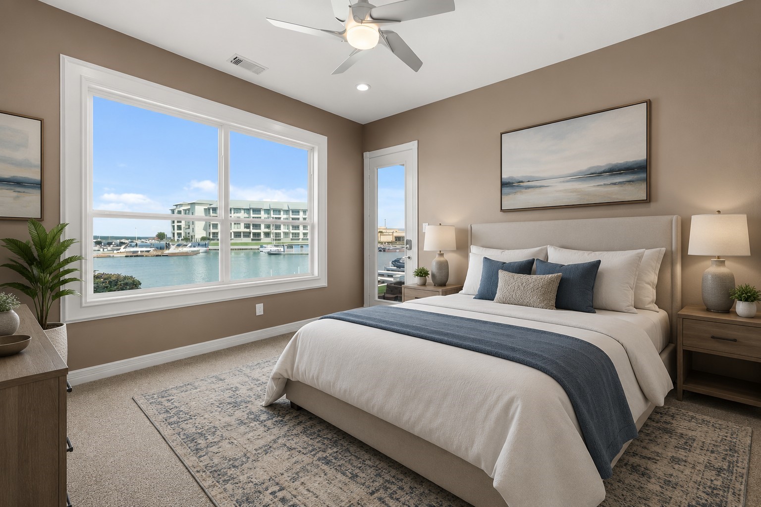 168 Lake Point Boulevard, Unit C102 Conroe, TX 77356 - Photo 14 of 35 Experience serene waterfront living in this virtually staged bedroom, featuring elegant décor and stunning marina views through expansive windows.