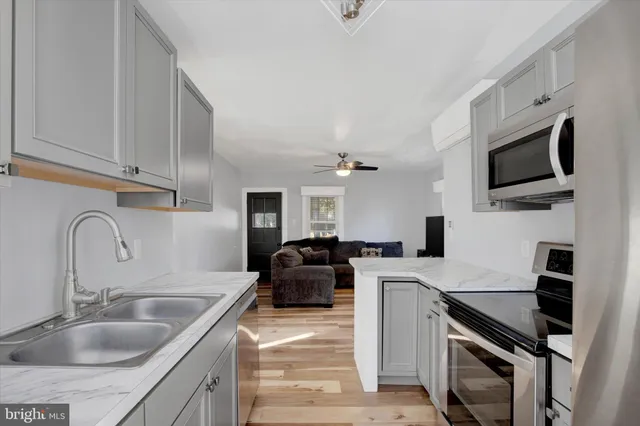a kitchen with a sink cabinets and stainless steel appliances