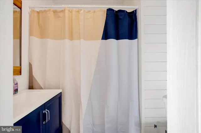 a bathroom with a shower curtain and a sink