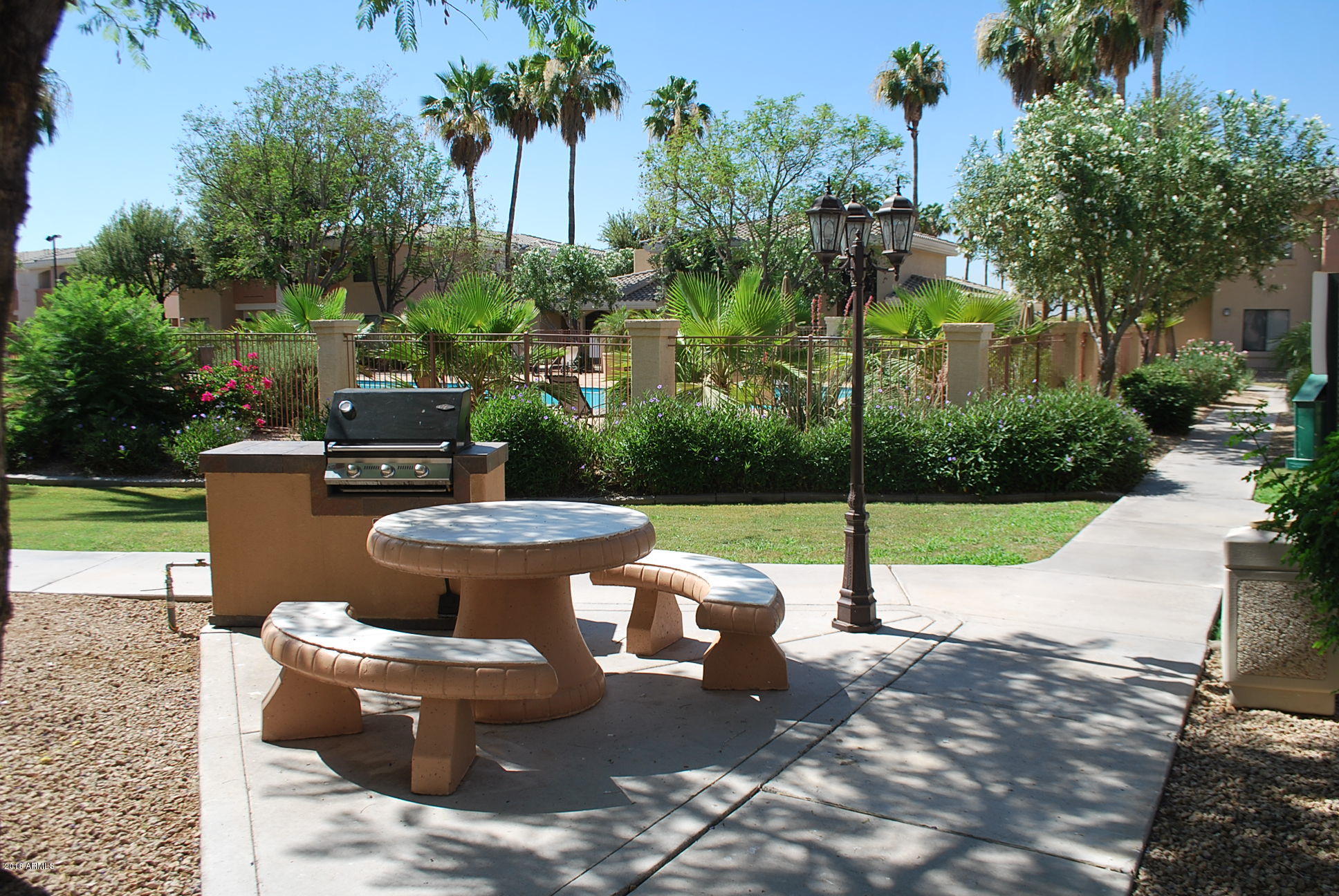 10030 West Indian School Road, Unit 158 Phoenix, AZ 85037 - Photo 8 of 28 a view of a backyard with table and chairs potted plants and palm trees