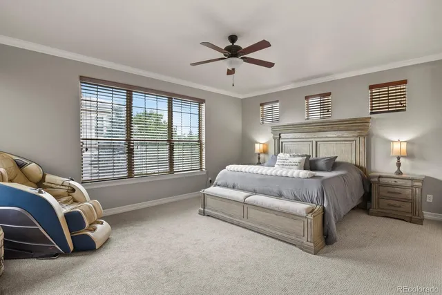 a bed room with a bed and a ceiling fan