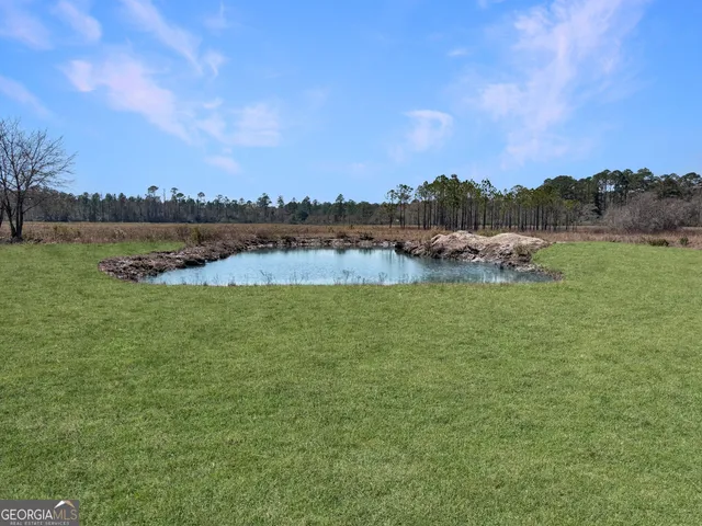 a view of a lake with houses in the back