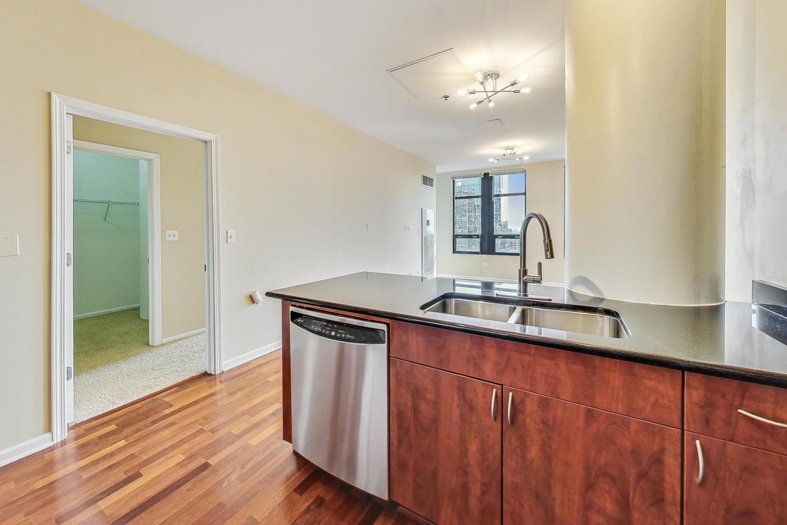 1255 South State Street, Unit 1918 Chicago, IL 60605 - Photo 7 of 16 a kitchen with stainless steel appliances granite countertop a sink dishwasher and a wooden floor