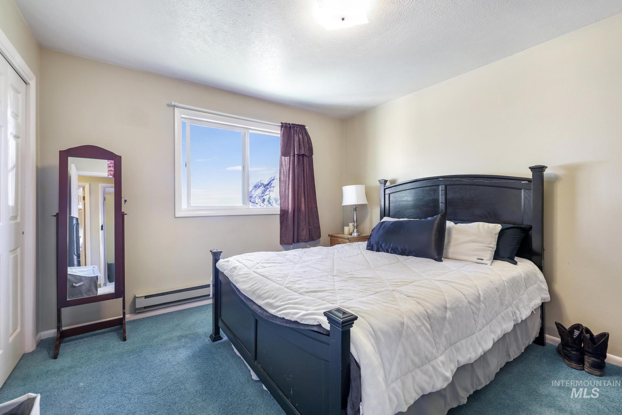 618 Sharon Street Rupert, ID 83350 - Photo 11 of 20 Bedroom with baseboard heating, dark colored carpet, and a textured ceiling
