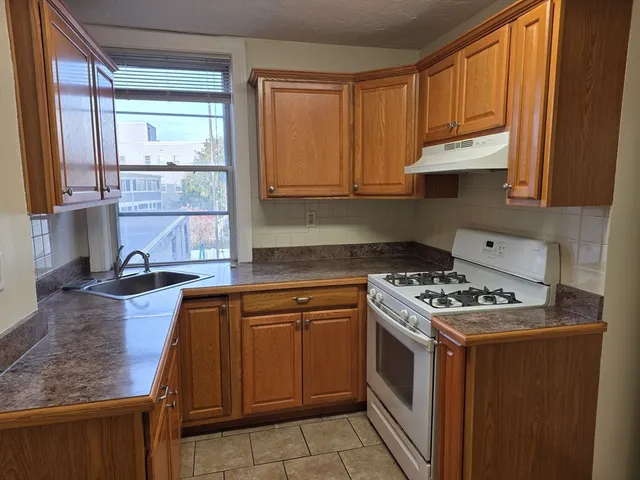 a kitchen with a stove a sink and a microwave