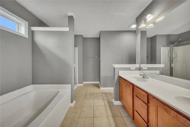 a bathroom with a tub sink and mirror