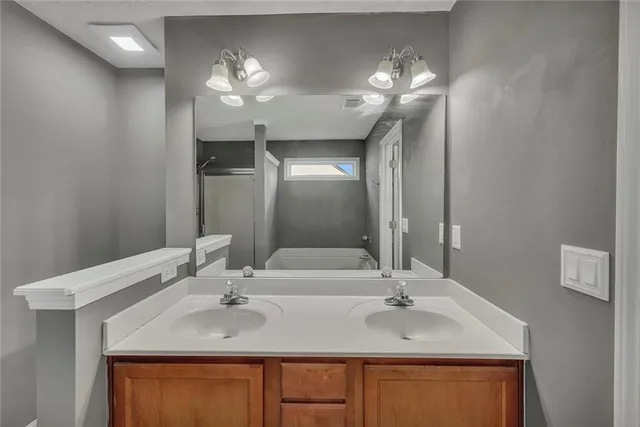 a bathroom with a sink double vanity and a mirror