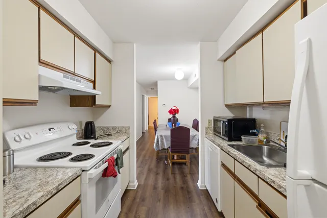 a view of a dining room with furniture
