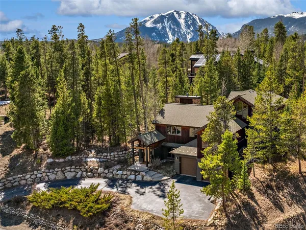 an aerial view of a house with a yard and tree s
