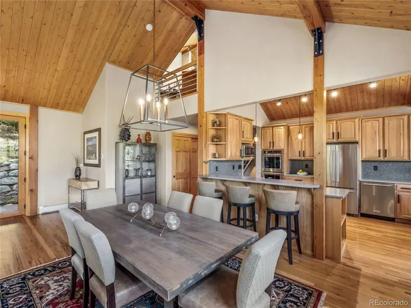 a view of a dining room with furniture