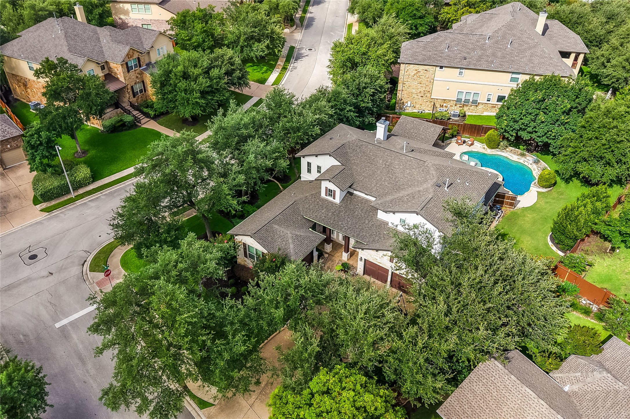 401 Bluff View Road Cedar Park, TX 78613 - Photo 37 of 40 An aerial perspective reveals a private pool oasis nestled in a verdant, well-maintained neighborhood.