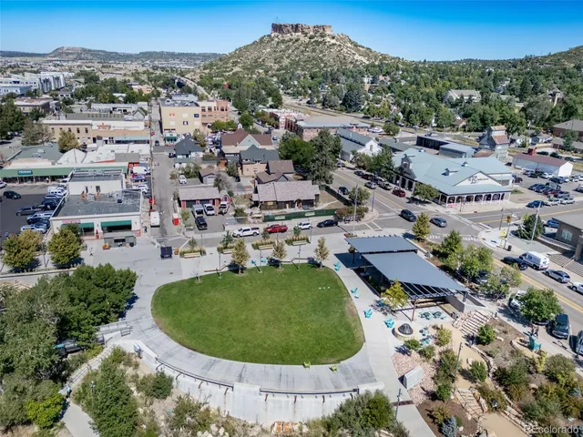 an aerial view of a swimming pool