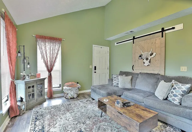 a living room with furniture and a rug