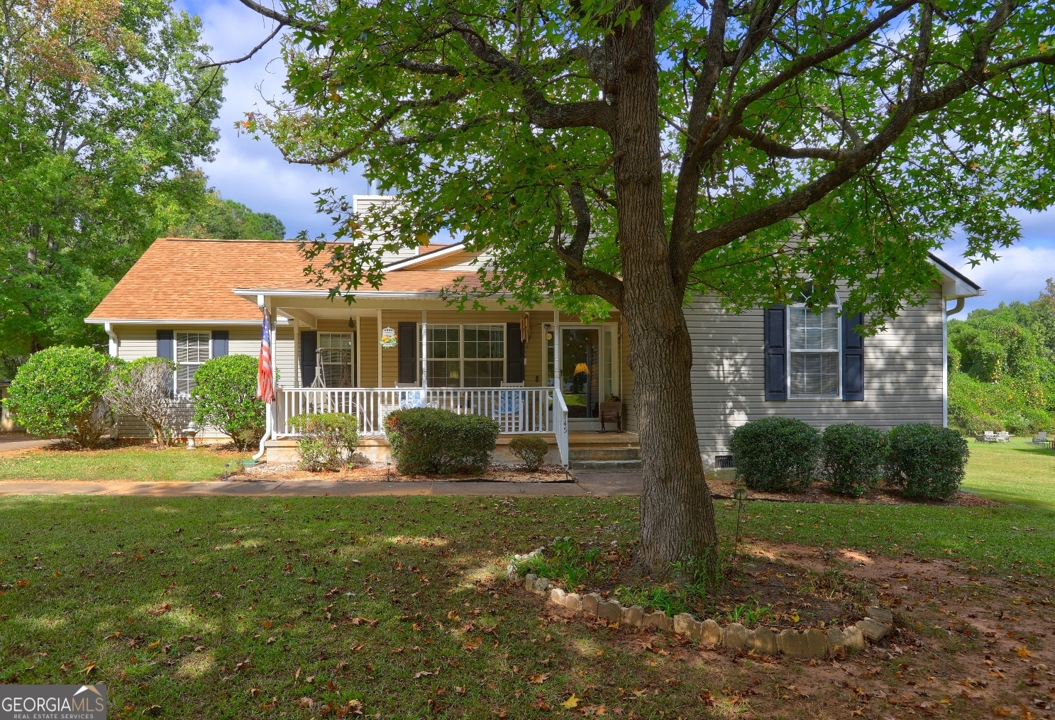 a front view of a house with yard and green space