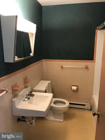 a bathroom with a sink toilet and mirror