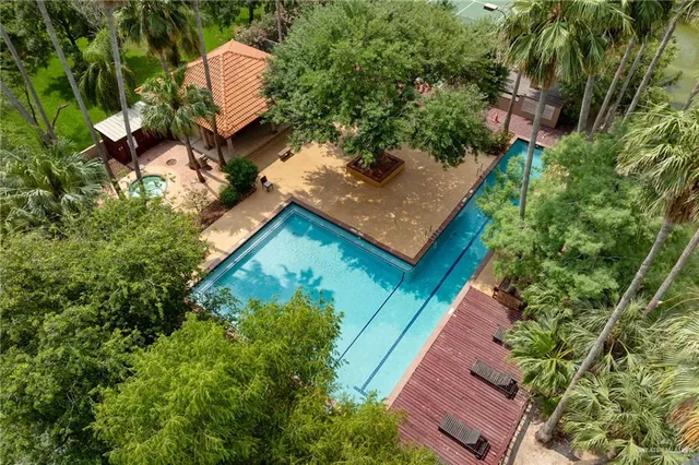 an aerial view of a swimming pool