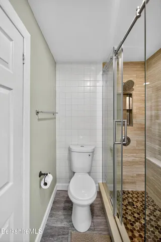 a bathroom with a toilet and a shower