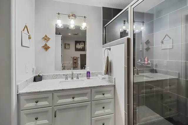 a bathroom with a shower sink and mirror