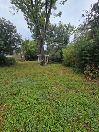 a view of a field with trees in the background