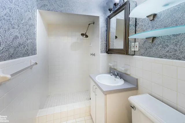 a bathroom with a toilet sink and mirror