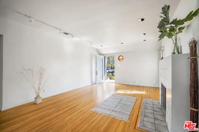 a view of a hallway with wooden floor and a potted plant