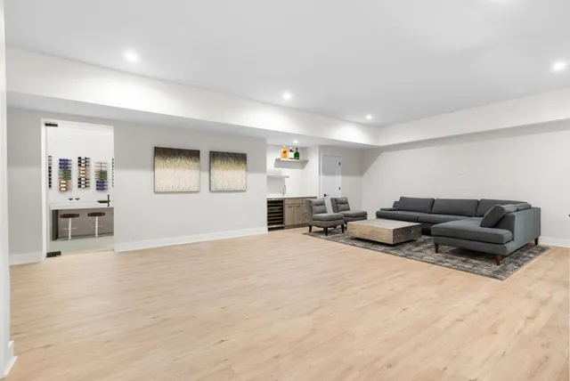 a projector room with furniture and a rug