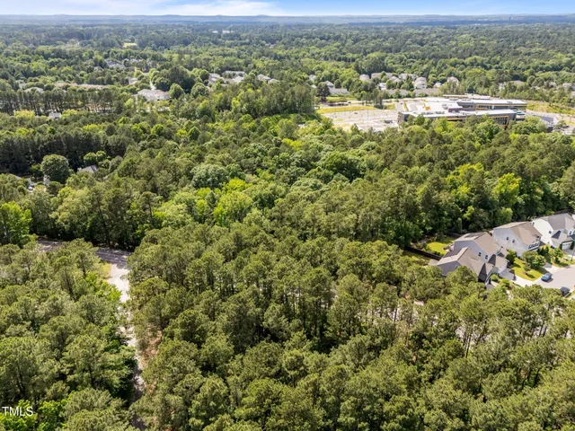 an aerial view of residential houses with outdoor space and trees