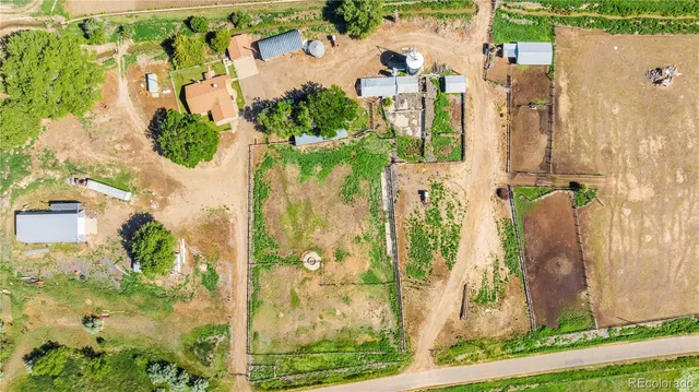 aerial view of a house with a yard and plants