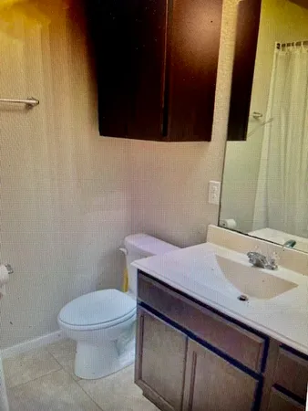 a bathroom with a sink a toilet and mirror