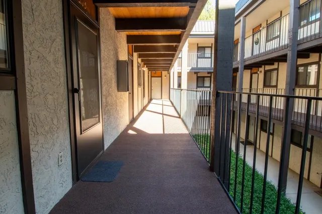 a view of a porch of a house
