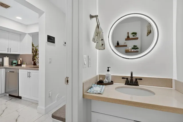 a bathroom with a sink and a mirror