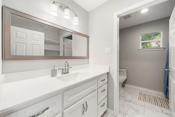 a bathroom with a sink a toilet and a mirror