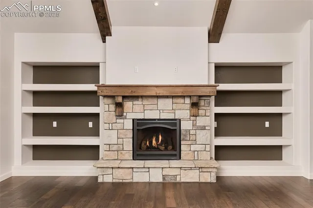 a living room with a fireplace cabinet and a fireplace