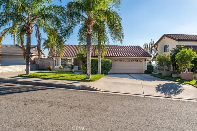 a view of a house with a yard and palm trees