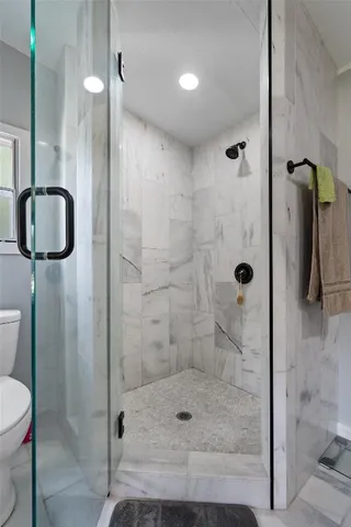 a bathroom with a shower and toilet