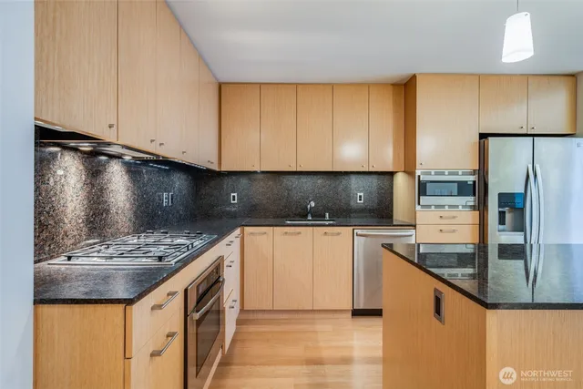 a kitchen with stainless steel appliances granite countertop a refrigerator a sink and a stove