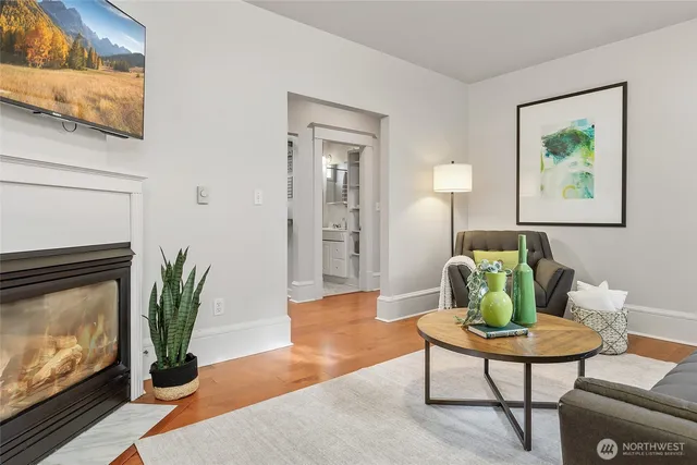 a living room with furniture a potted plant and a fireplace