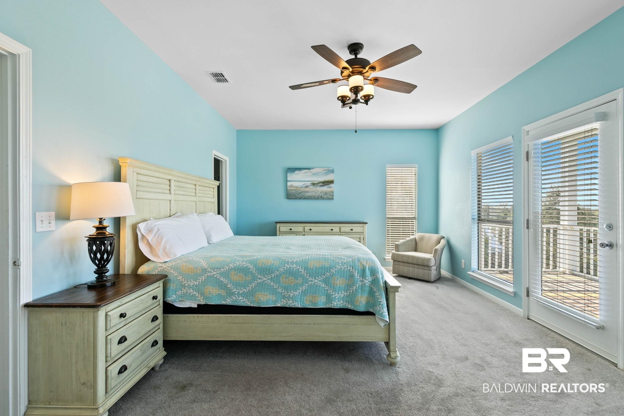 545 Plantation Road, Unit 3 Gulf Shores, AL 36542 - Photo 31 of 54 Bedroom with carpet floors, access to outside, and ceiling fan