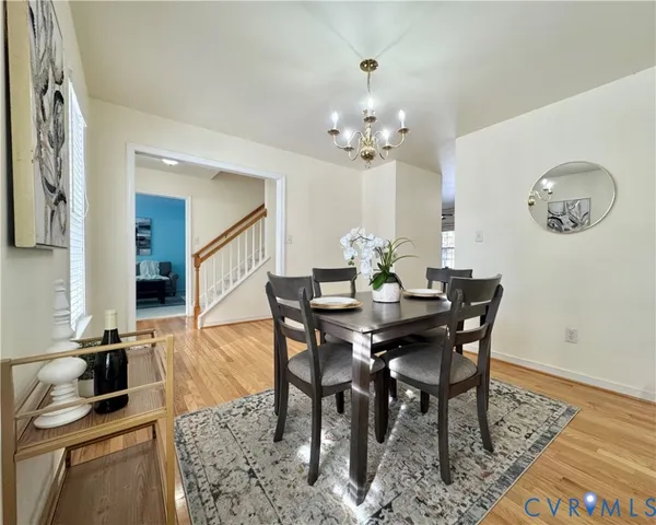 a view of a dining room with furniture