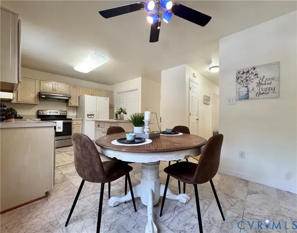 a view of a dining room with furniture