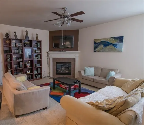 a living room with furniture a flat screen tv and a fireplace